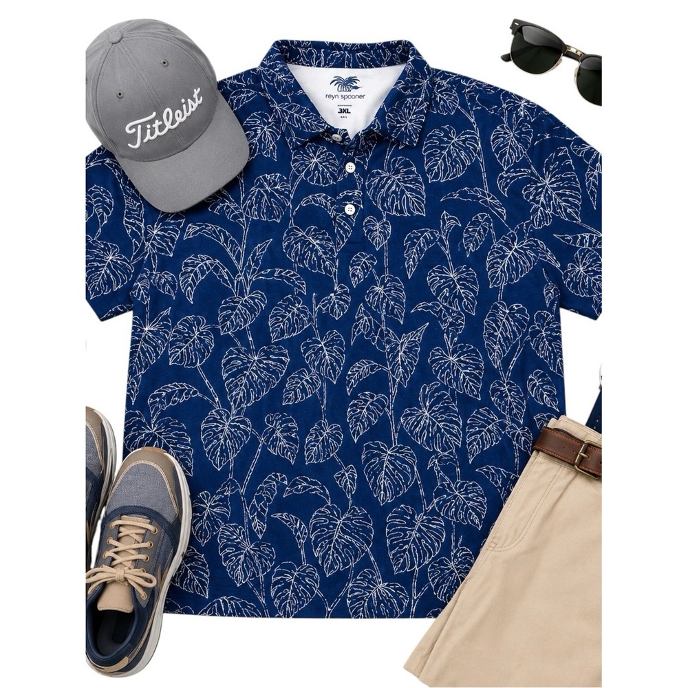 Reyn Spooner Brrr Performance Polo Navy Monstera Print Men's 3XL Cooling Shirt